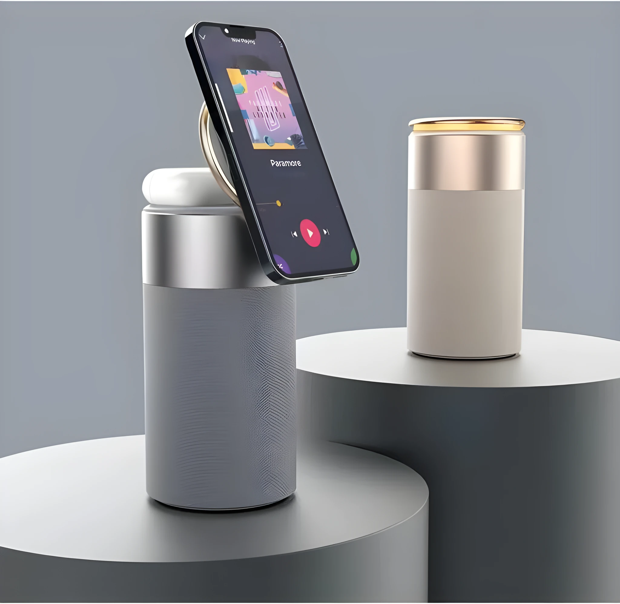 3-in-1 wireless charger Bluetooth speaker touch lamp for iPhone and AirPods in Gold colour on desk