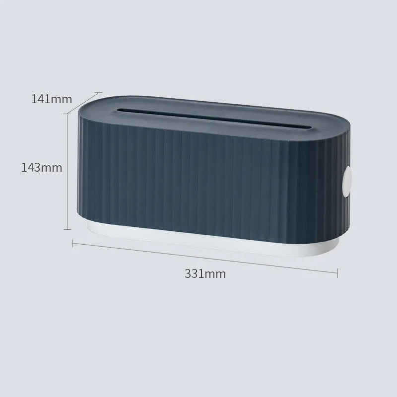 Blue HIPS power strip storage box with closed lid, dimensions 331x143x141mm