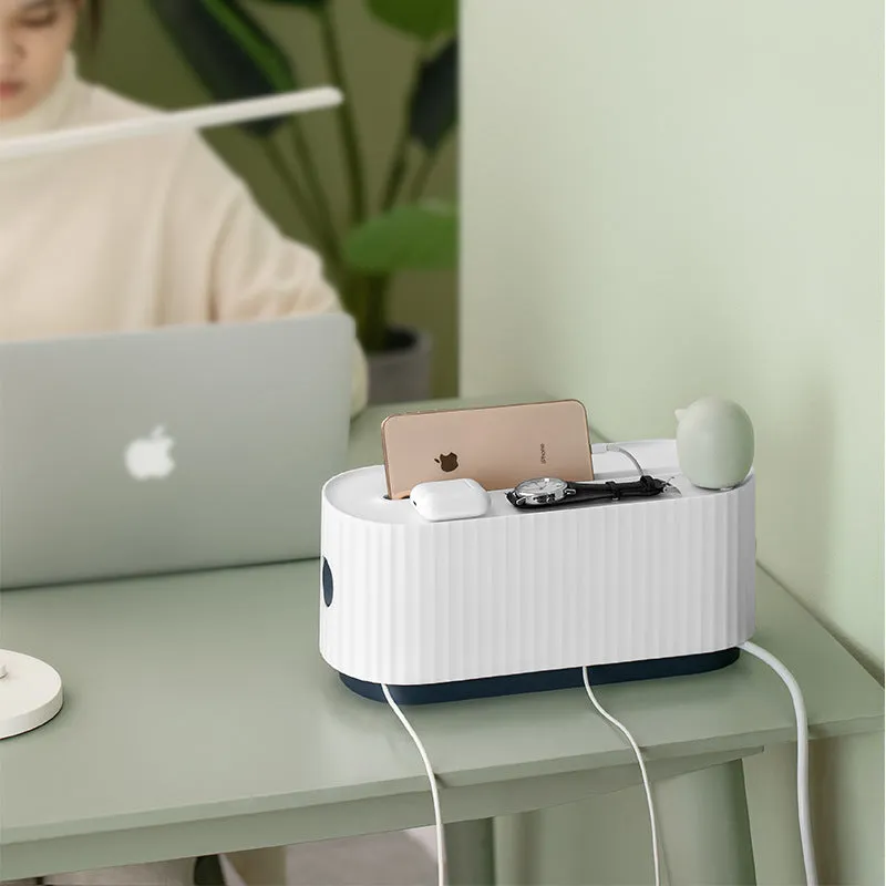 Blue HIPS power strip storage box with closed lid, dimensions 331x143x141mm