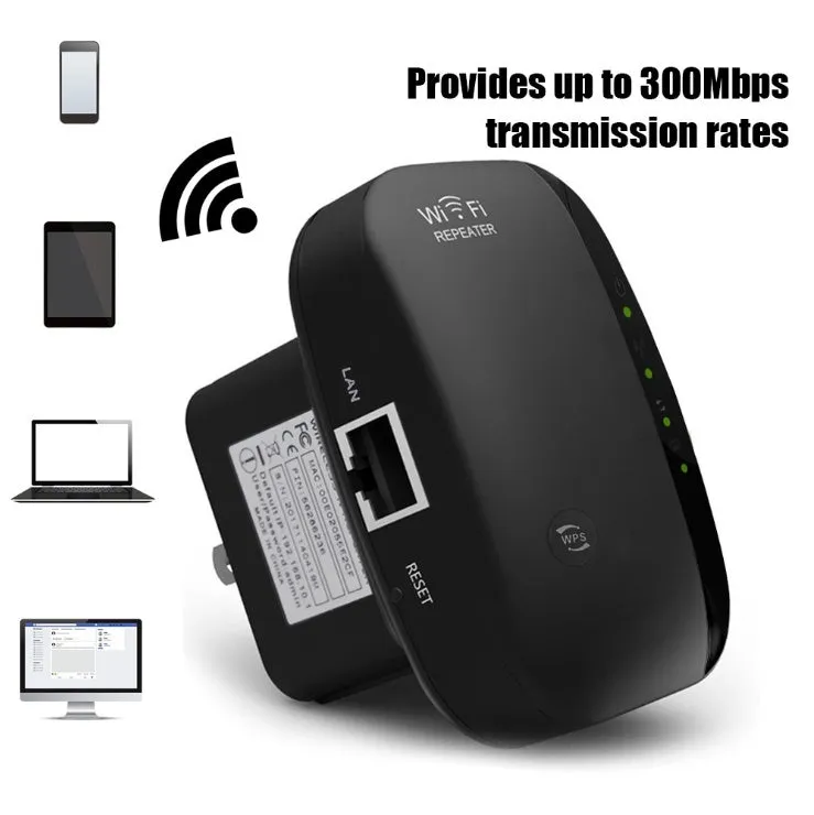 White and black WiFi repeater with two integrated antennas, 75x90mm, 300Mbps for UK plug