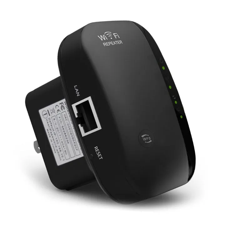 White and black WiFi repeater with two integrated antennas, 75x90mm, 300Mbps for UK plug