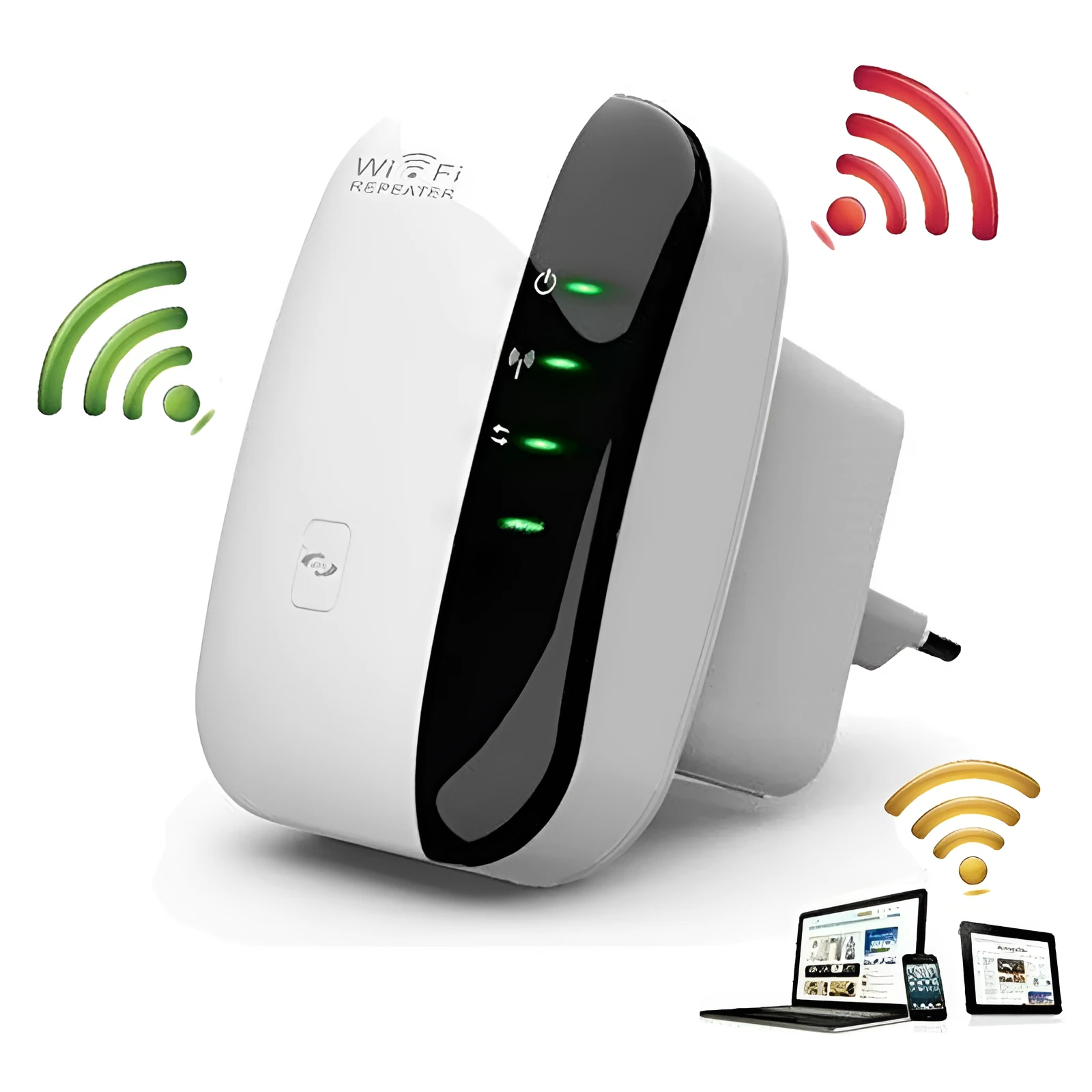 White and black WiFi repeater with two integrated antennas, 75x90mm, 300Mbps for UK plug