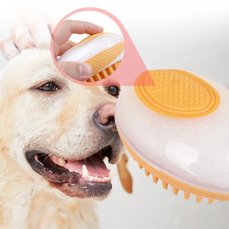 2-in-1 pet bath brush with soft silicone bristles and non-slip grip, in green, for grooming dogs and cats