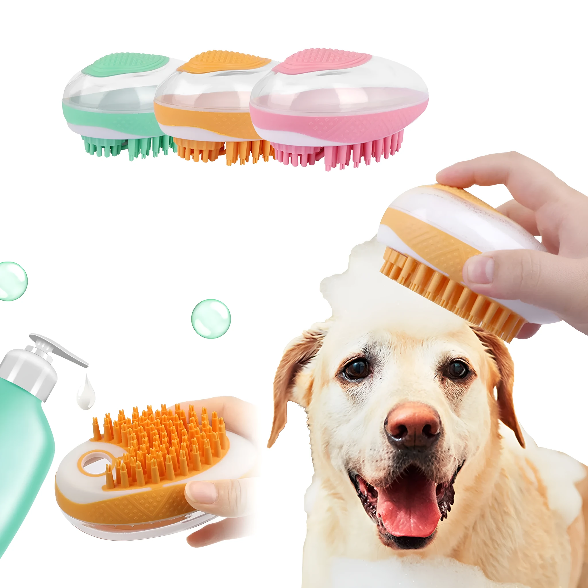 2-in-1 pet bath brush with soft silicone bristles and non-slip grip, in green, for grooming dogs and cats