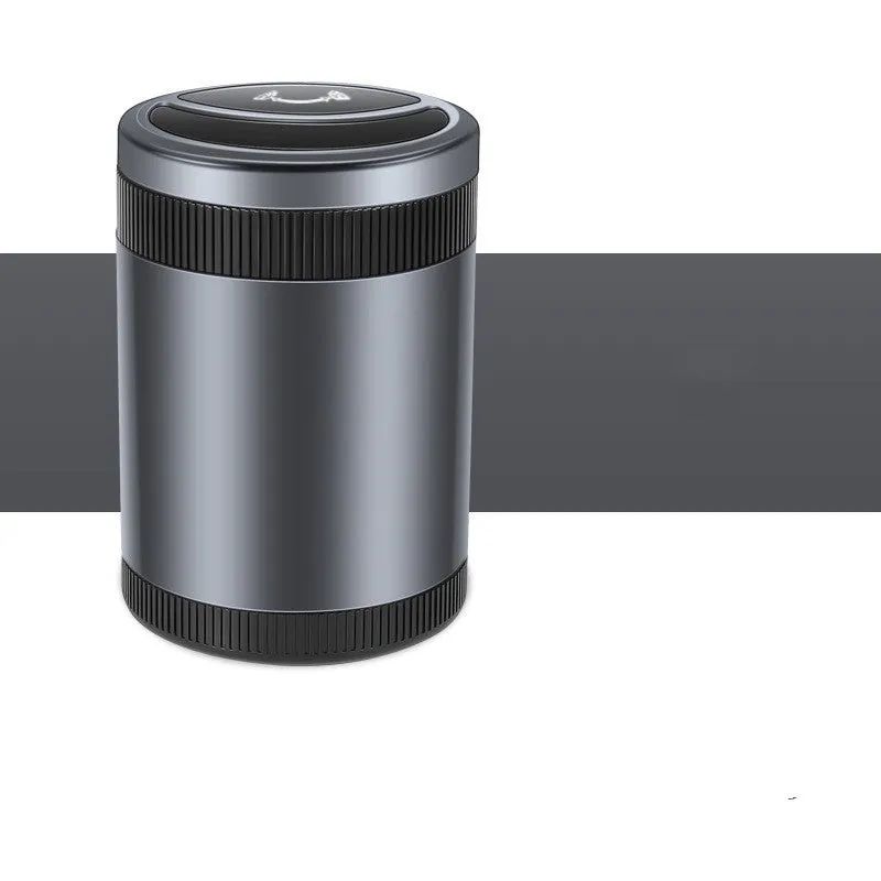 Automatic sensing vehicle ashtray with USB port in grey, black, red, or blue.