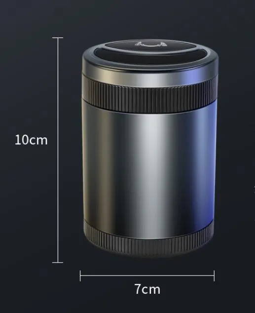 Automatic sensing vehicle ashtray with USB port in grey, black, red, or blue.