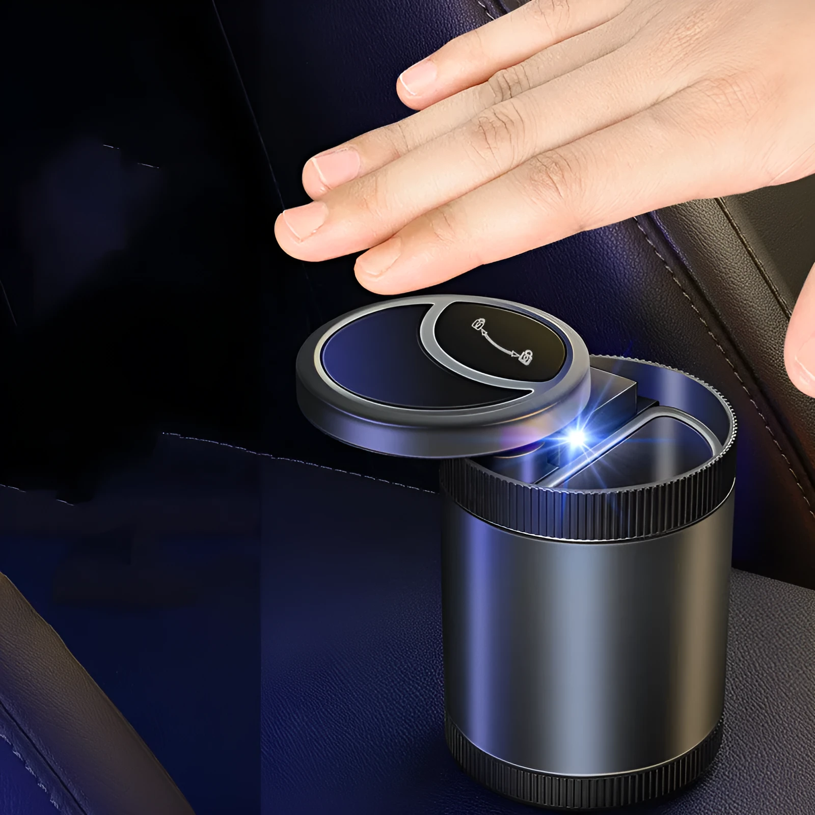 Automatic sensing vehicle ashtray with USB port in grey, black, red, or blue.