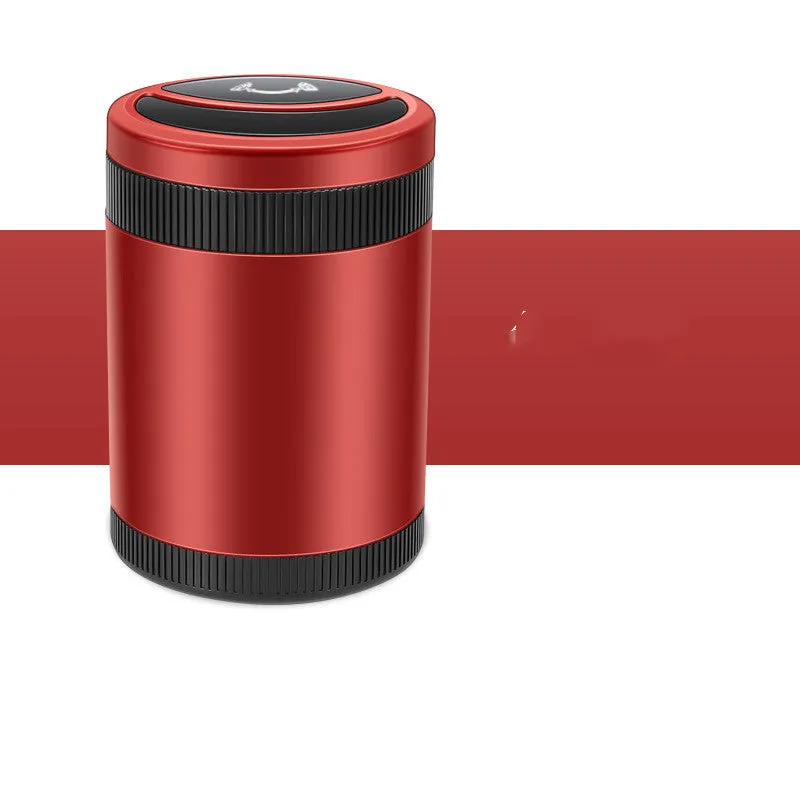 Automatic sensing vehicle ashtray with USB port in grey, black, red, or blue.