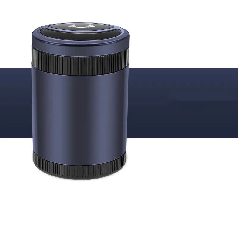 Automatic sensing vehicle ashtray with USB port in grey, black, red, or blue.
