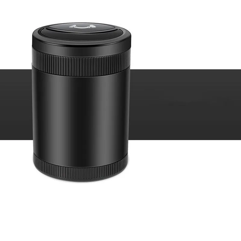 Automatic sensing vehicle ashtray with USB port in grey, black, red, or blue.