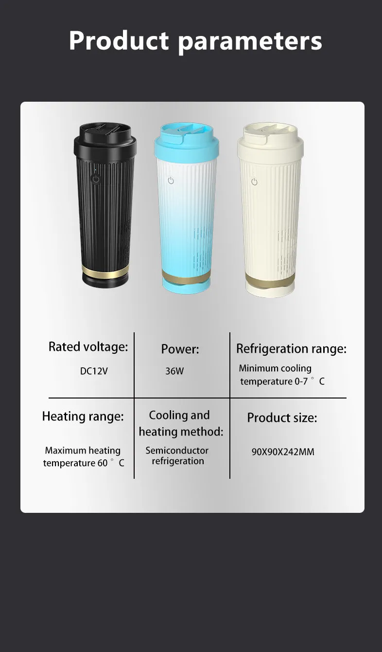 Smart heating and cooling cup in black, 36W 12V, measuring 111x96x235 mm, made from PP ABS Teflon