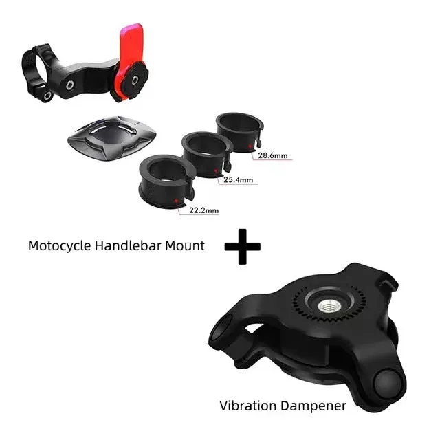 Snap-on mountain bicycle cellphone holder in red with shock absorber attached to handlebars