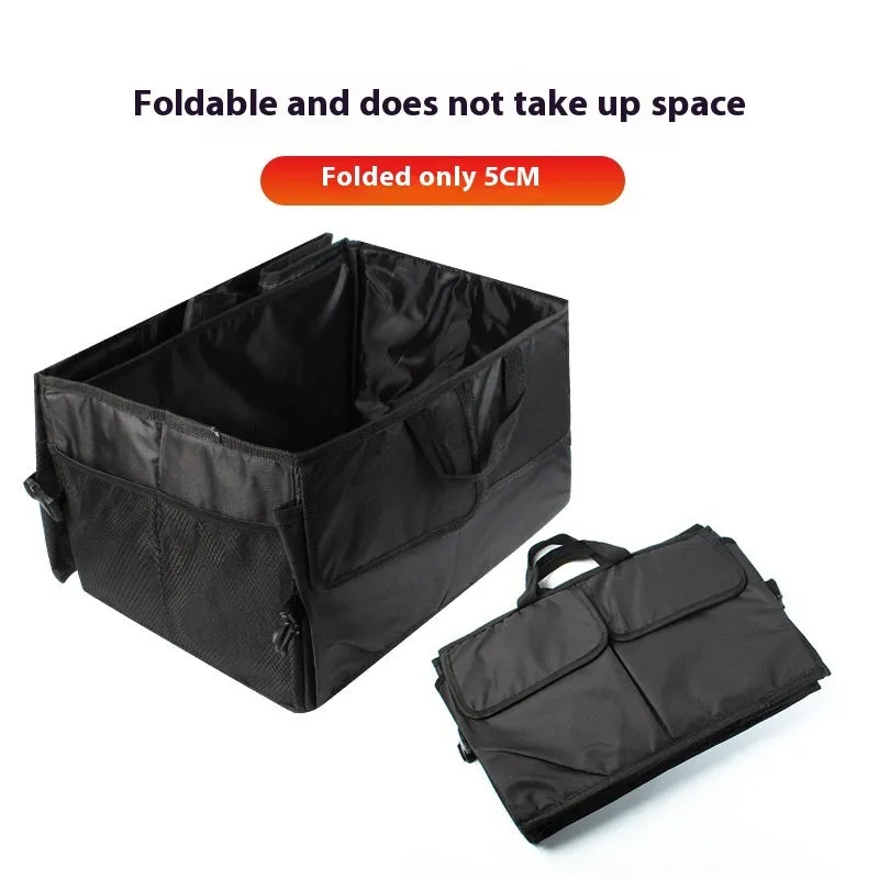 Folding Oxford cloth car storage box in black, collapsed and unfolded, showing its 56x40x26cm rectangular shape for boot organisation.