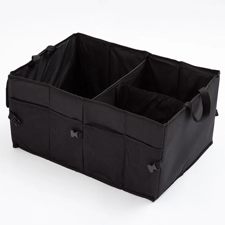 Folding Oxford cloth car storage box in black, collapsed and unfolded, showing its 56x40x26cm rectangular shape for boot organisation.