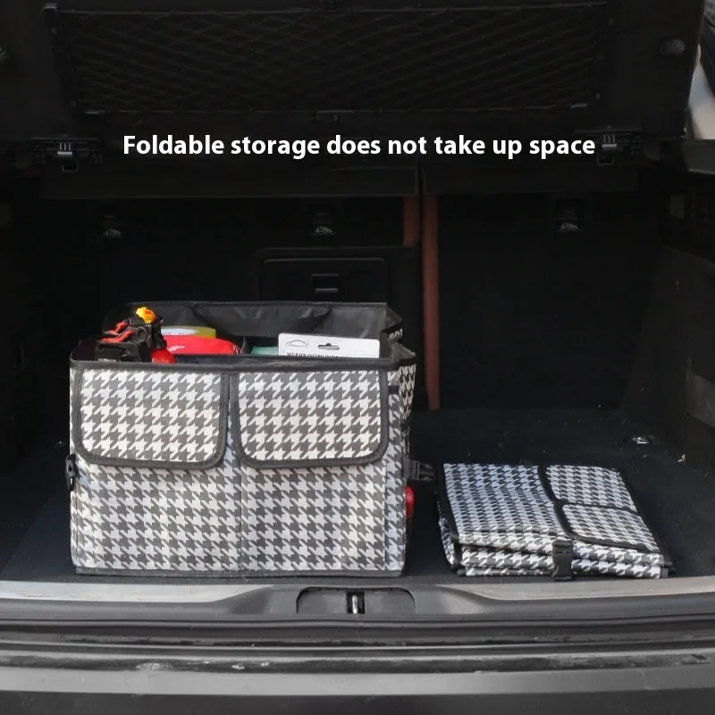 Folding Oxford cloth car storage box in black, collapsed and unfolded, showing its 56x40x26cm rectangular shape for boot organisation.