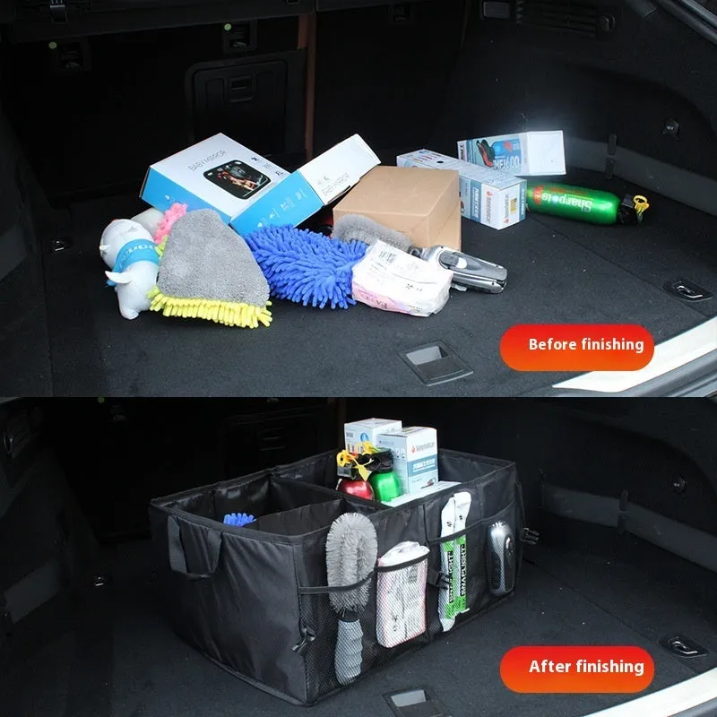 Folding Oxford cloth car storage box in black, collapsed and unfolded, showing its 56x40x26cm rectangular shape for boot organisation.