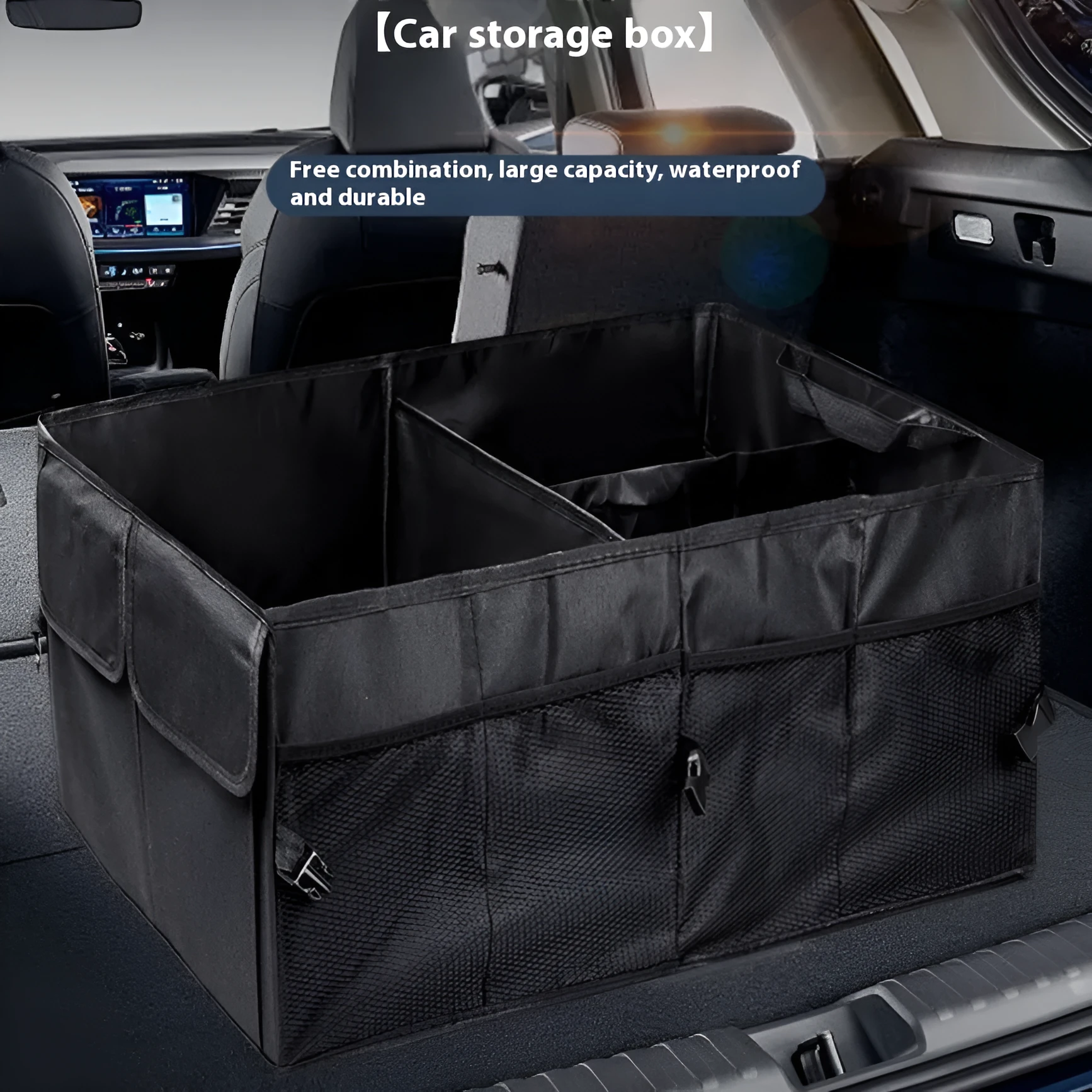 Folding Oxford cloth car storage box in black, collapsed and unfolded, showing its 56x40x26cm rectangular shape for boot organisation.