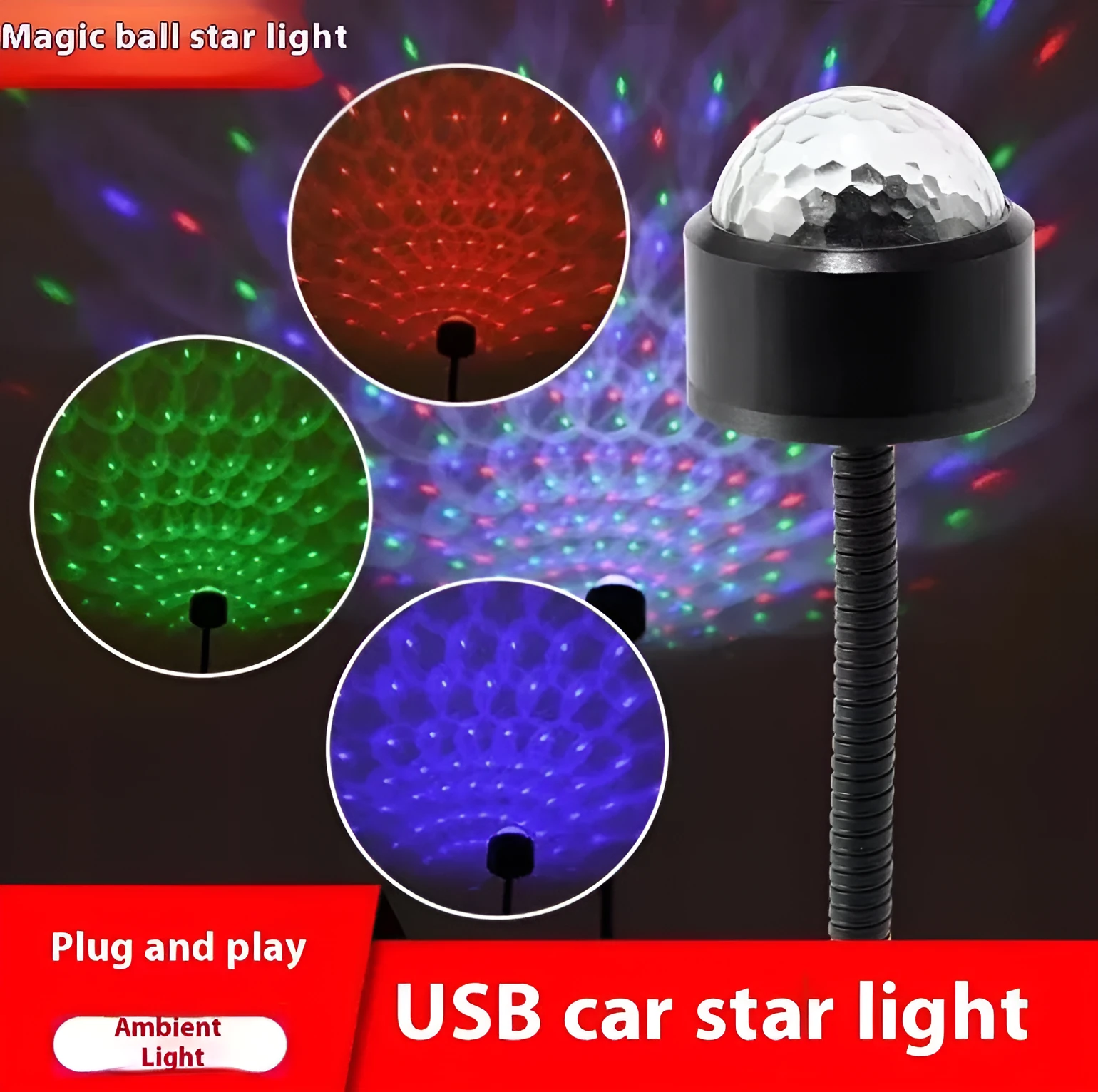 Black USB car atmosphere projection star light with ABS plastic housing plugging into vehicle dashboard