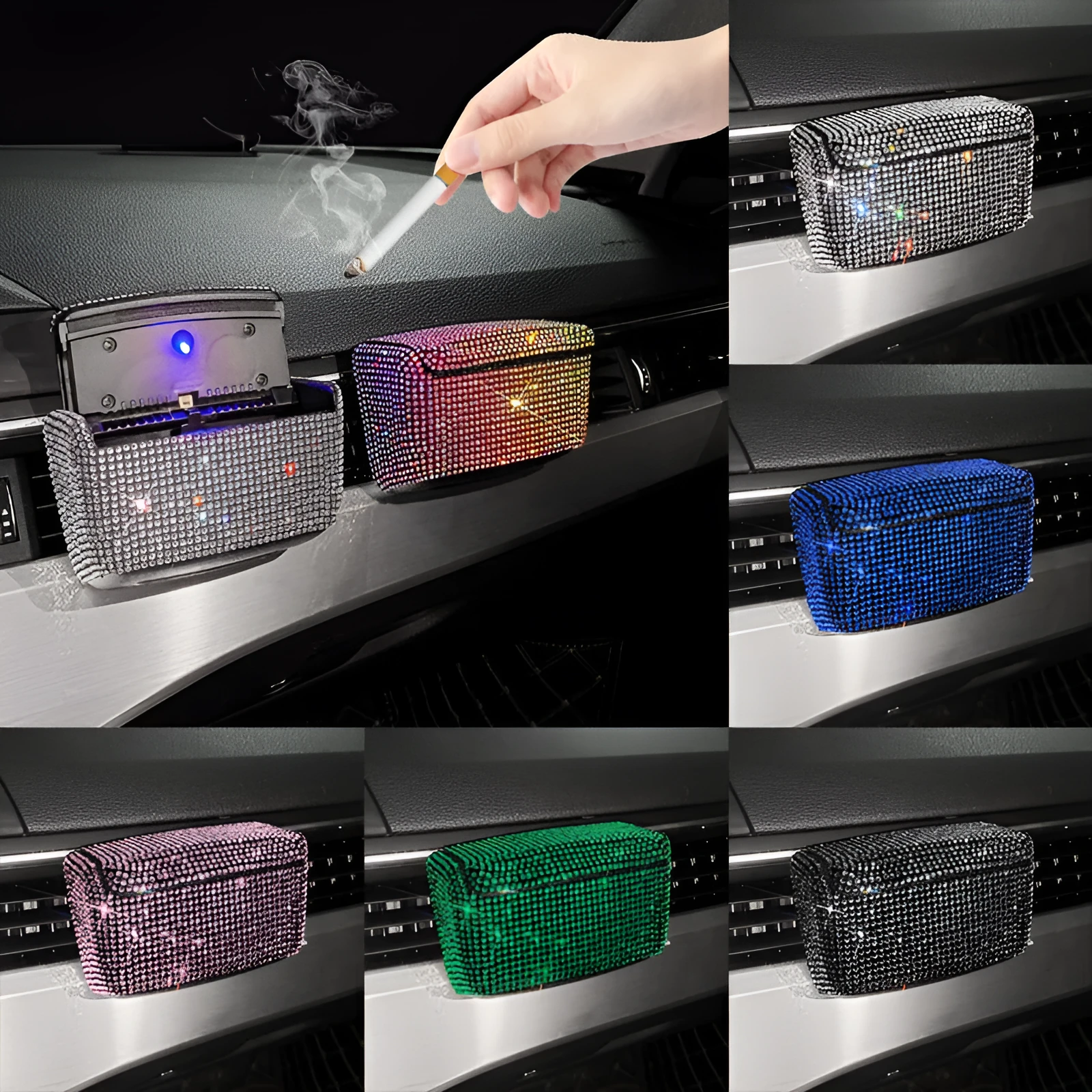 Creative car ashtray with covered design and vent mounting system in diamond finish colours