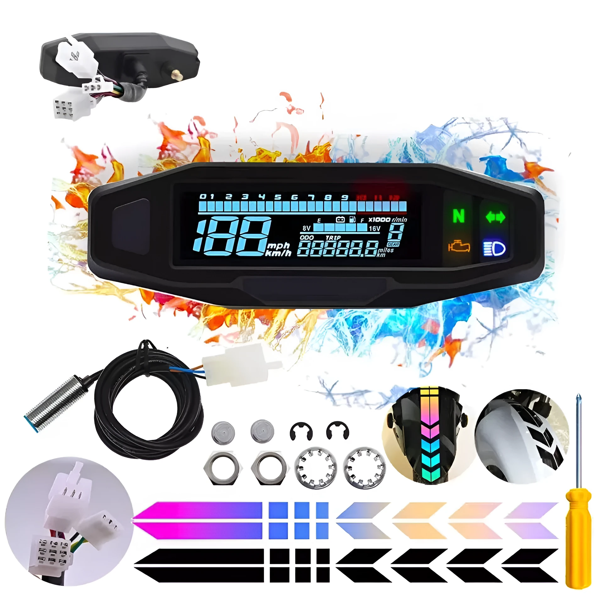 Motorcycle universal speedometer suit with black casing and clear display for speed reading
