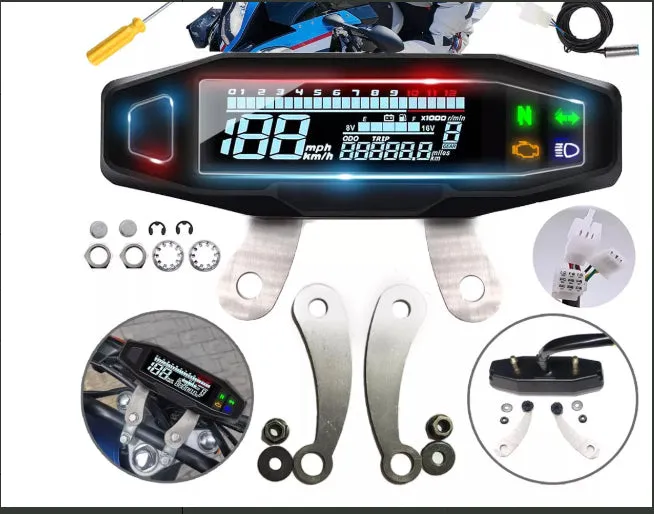 Motorcycle universal speedometer suit with black casing and clear display for speed reading
