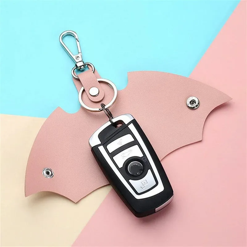 Leather car key case with bat stylings in multiple colours, 13x5cm
