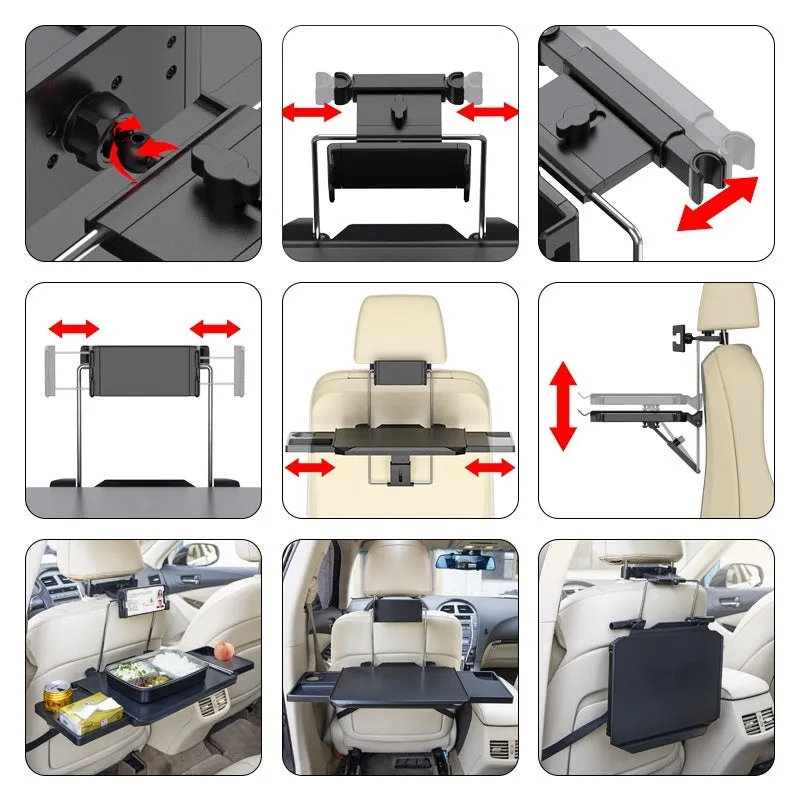 Foldable black ABS car seat back dining table board with phone and tablet clip and headrest strap