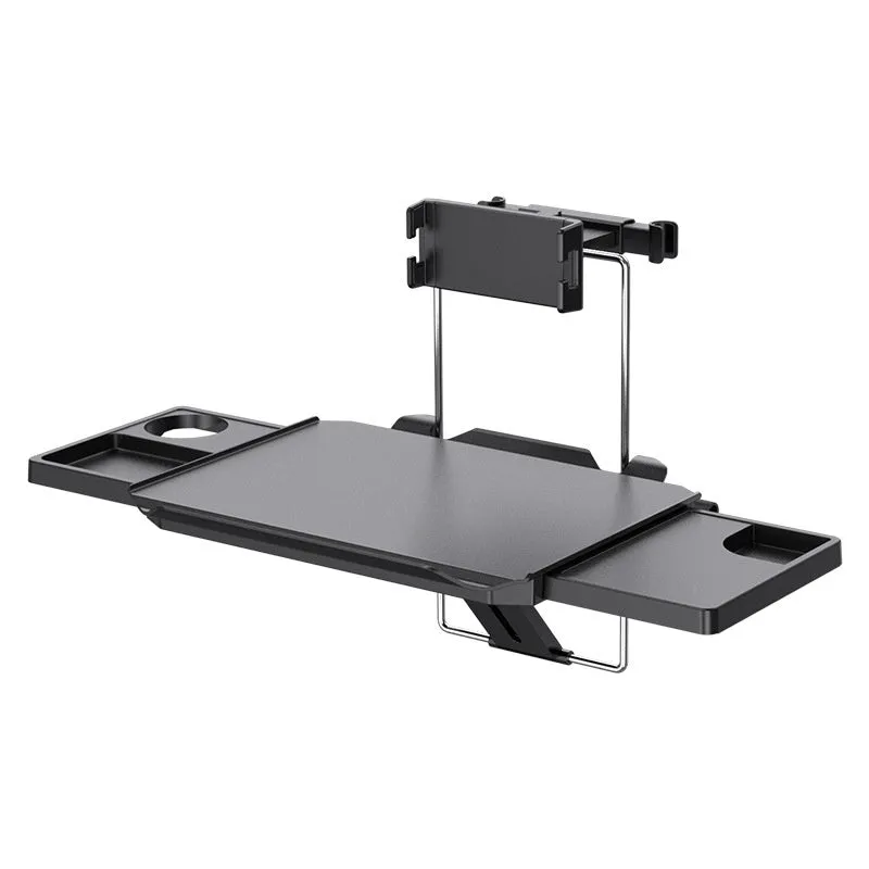Foldable black ABS car seat back dining table board with phone and tablet clip and headrest strap