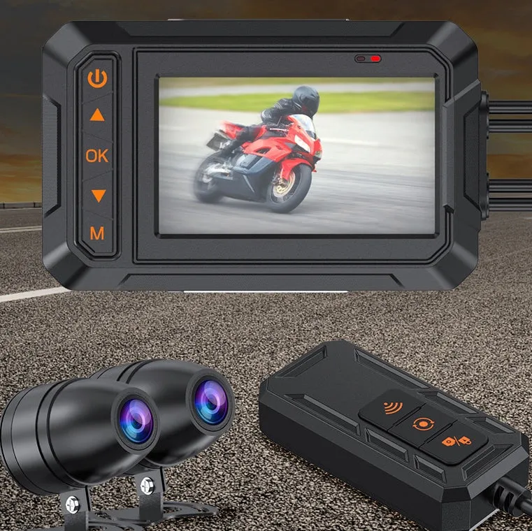 MT65 motorcycle dash cam with 3-inch display mounted on motorcycle handlebar