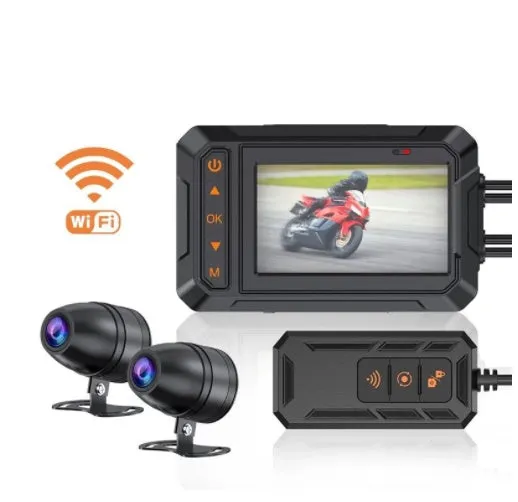 MT65 motorcycle dash cam with 3-inch display mounted on motorcycle handlebar
