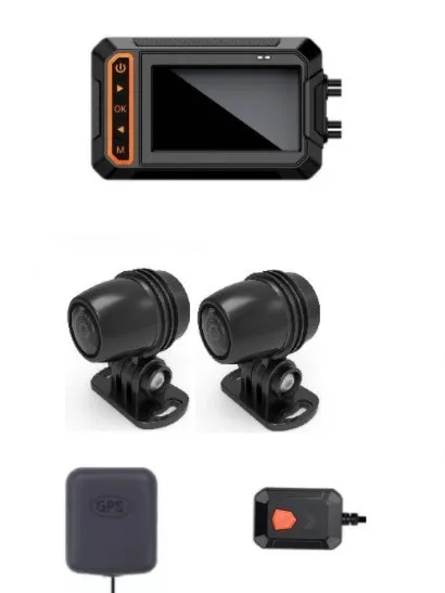 MT65 motorcycle dash cam with 3-inch display mounted on motorcycle handlebar
