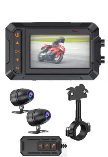 MT65 motorcycle dash cam with 3-inch display mounted on motorcycle handlebar