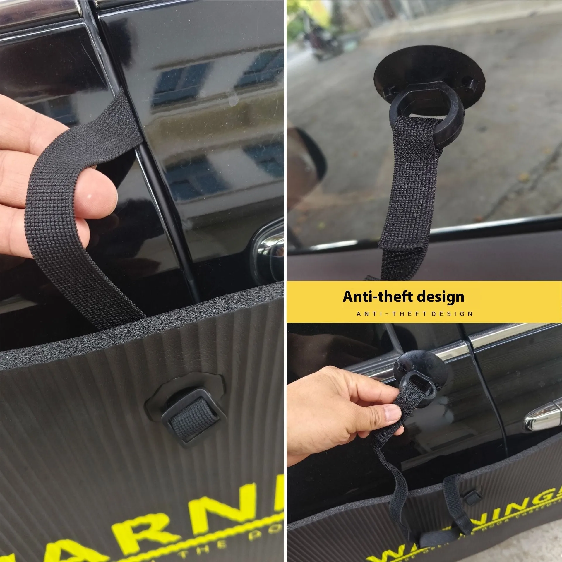 Black magnetic anti-collision bumper sticker made from NBR material for home parking protection, shown on a car bumper