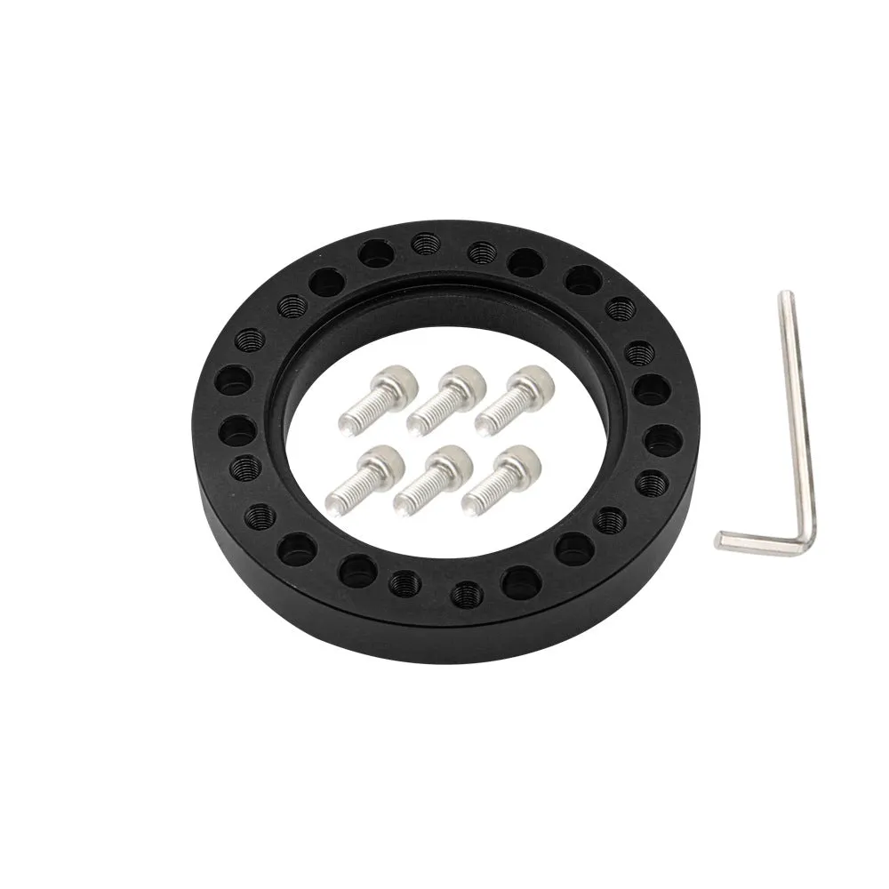 Steering wheel hub adapter in aluminium alloy with 86mm outer diameter, 55mm inner diameter, 12.5mm height, on white background