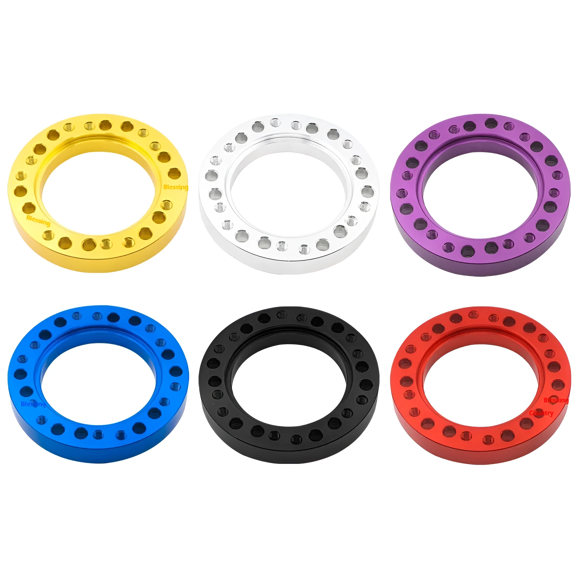 Steering wheel hub adapter in aluminium alloy with 86mm outer diameter, 55mm inner diameter, 12.5mm height, on white background