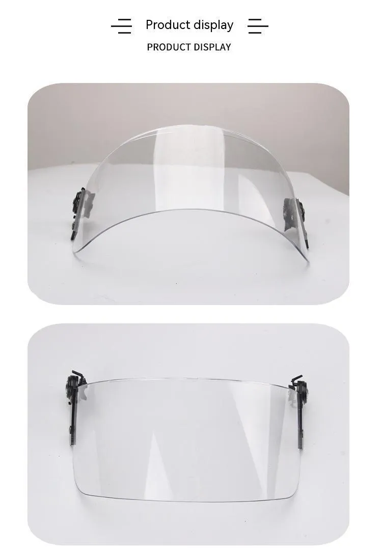 Transparent sports-style helmet visor with windproof lens, showing 30x15cm size and clear frame.