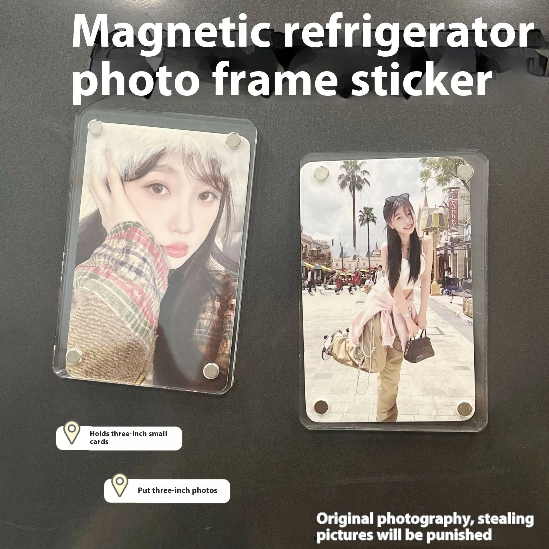 Acrylic magnetic photo frame 6x9cm with clip-round design on metal surface