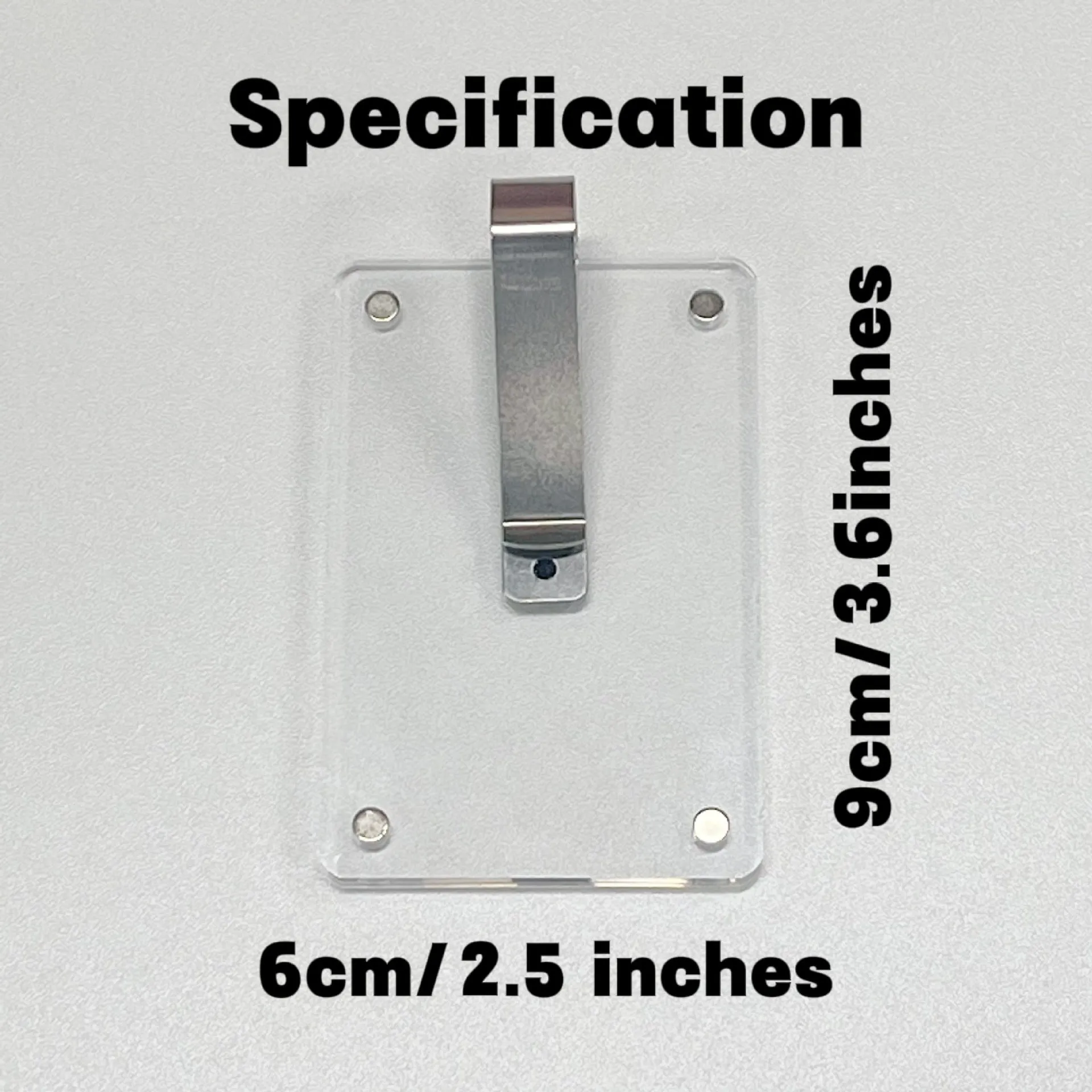 Acrylic magnetic photo frame 6x9cm with clip-round design on metal surface
