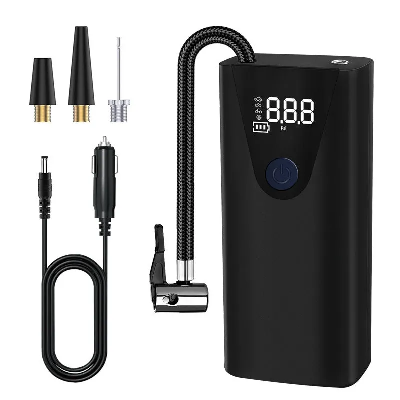 Car inflator with digital display and tyre pressure gauge on white background