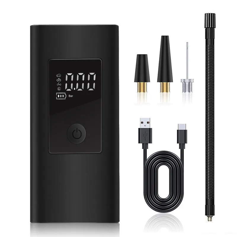 Car inflator with digital display and tyre pressure gauge on white background