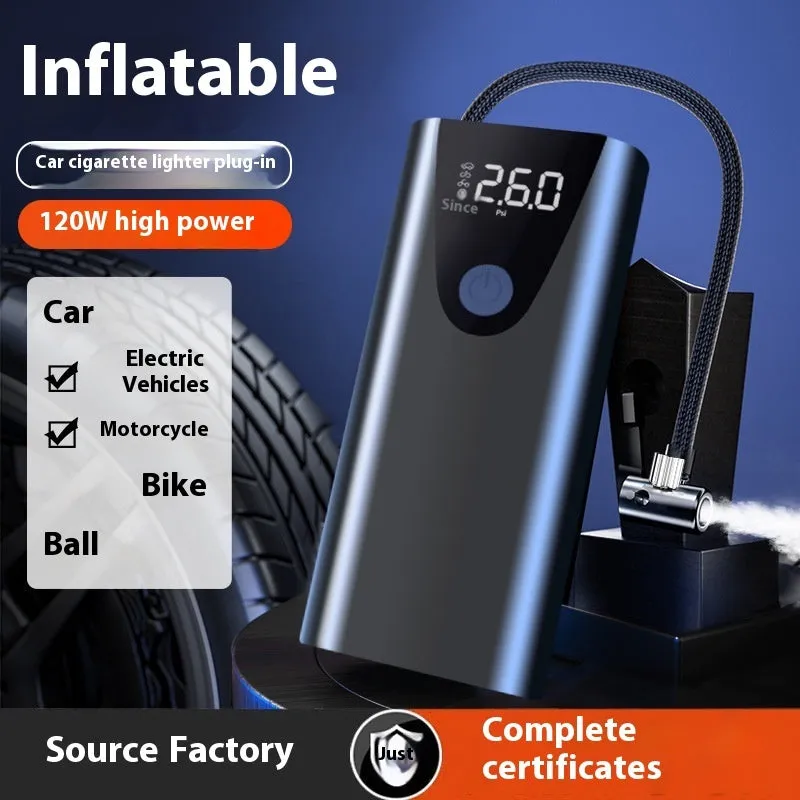 Car inflator with digital display and tyre pressure gauge on white background