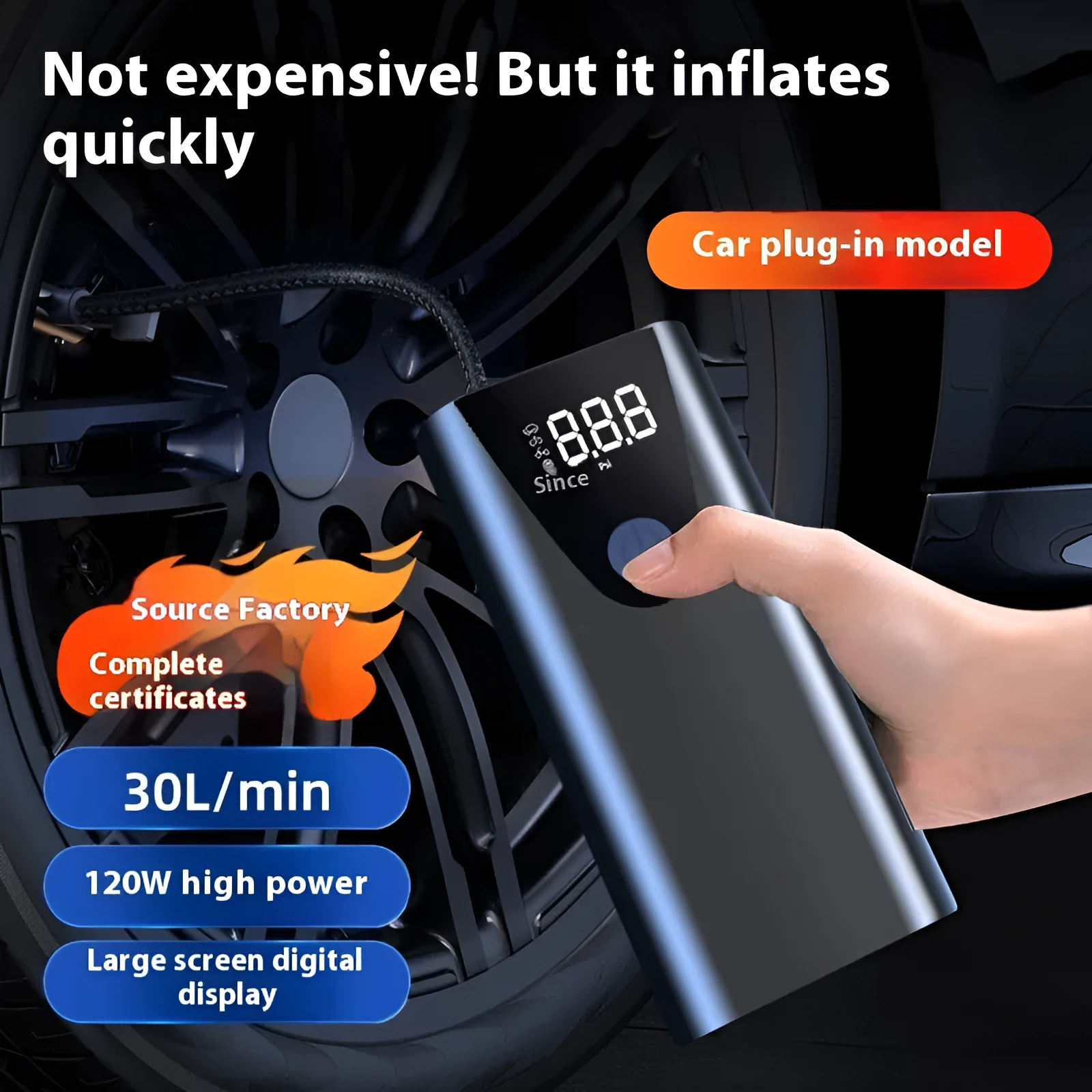 Car inflator with digital display and tyre pressure gauge on white background