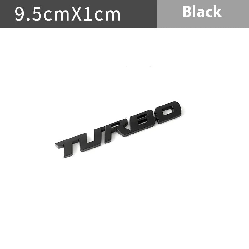 Raised metal TURBO car bumper sticker in silver, black, red or gold with small or large size options