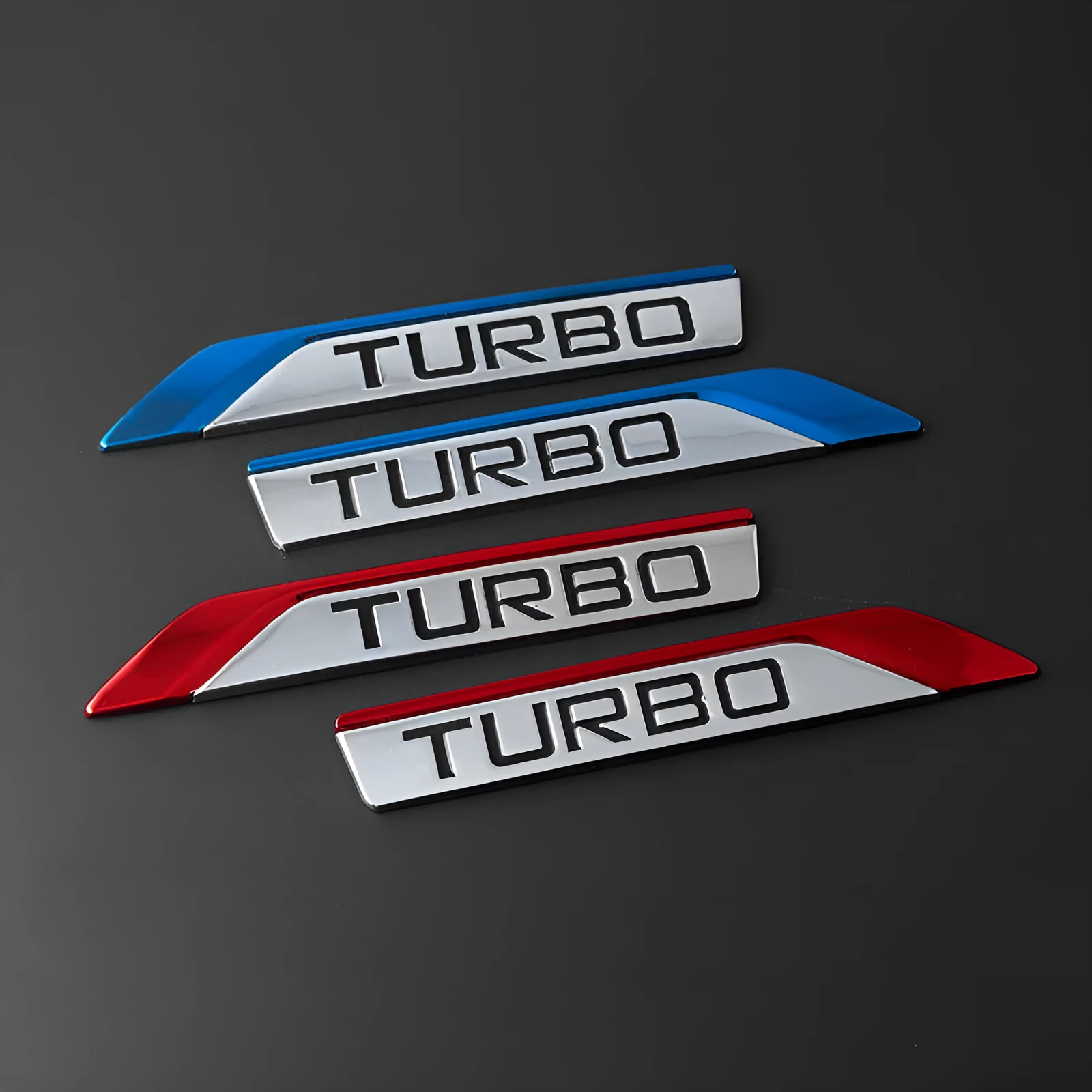 Raised metal TURBO car bumper sticker in silver, black, red or gold with small or large size options