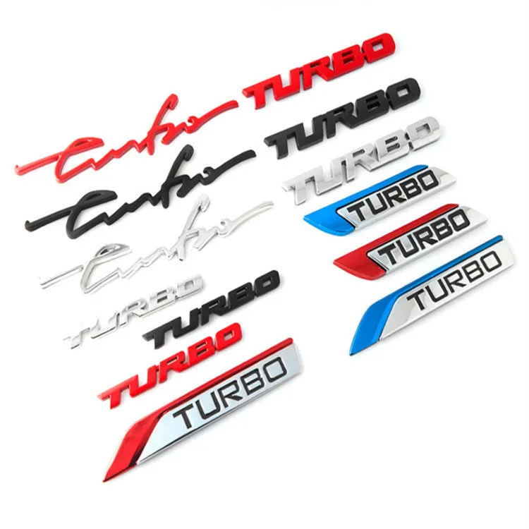 Raised metal TURBO car bumper sticker in silver, black, red or gold with small or large size options