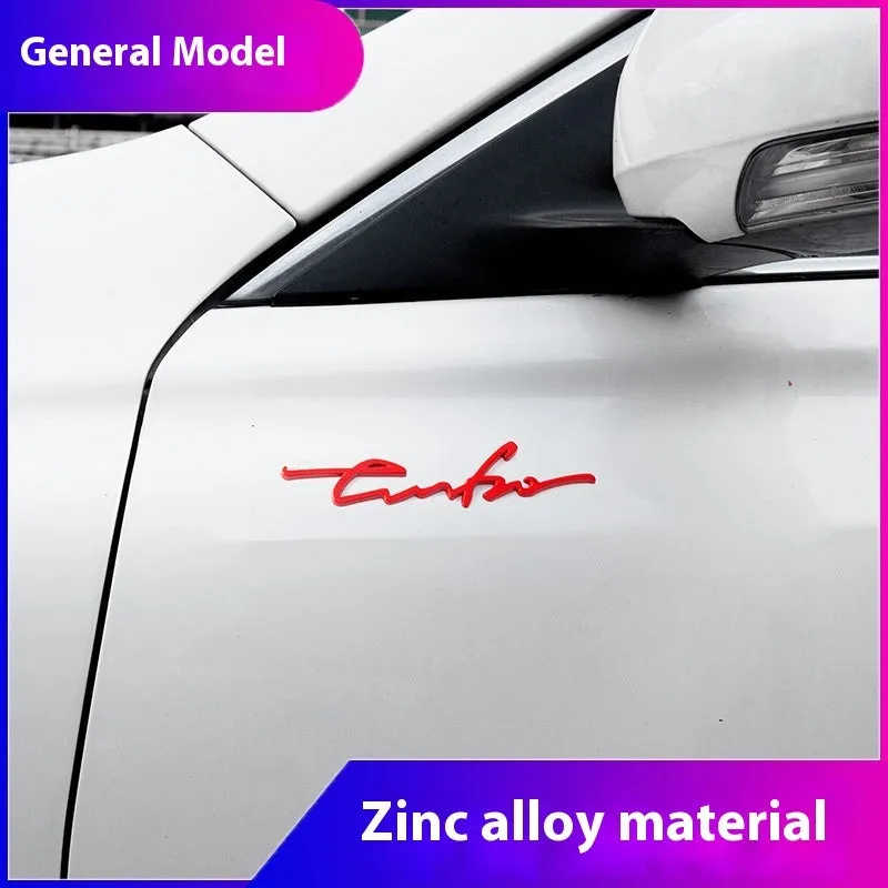 Raised metal TURBO car bumper sticker in silver, black, red or gold with small or large size options