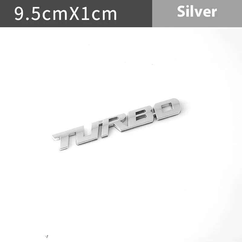 Raised metal TURBO car bumper sticker in silver, black, red or gold with small or large size options