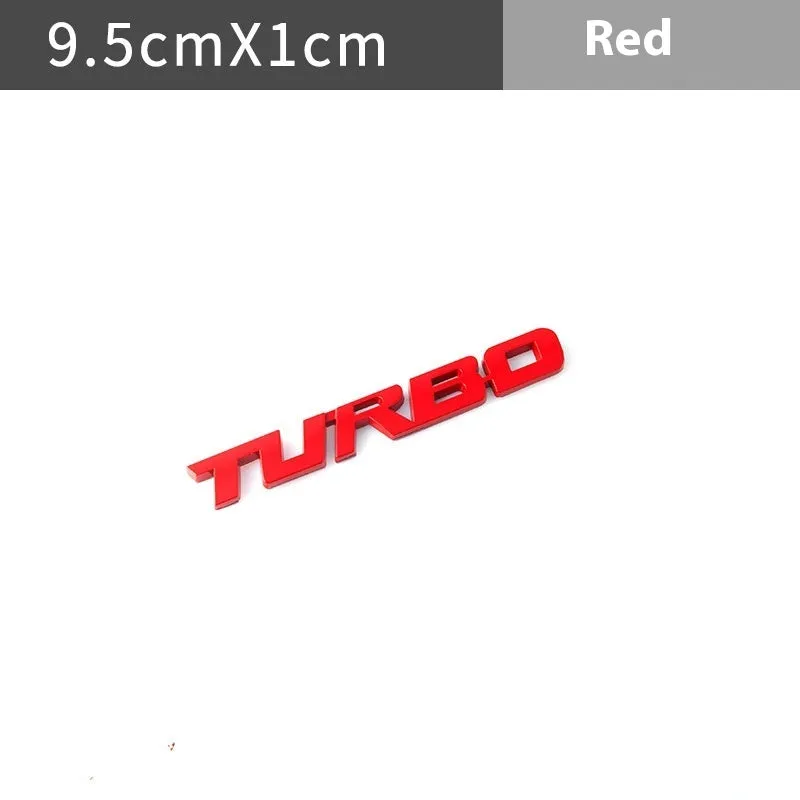 Raised metal TURBO car bumper sticker in silver, black, red or gold with small or large size options