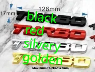 Raised metal TURBO car bumper sticker in silver, black, red or gold with small or large size options