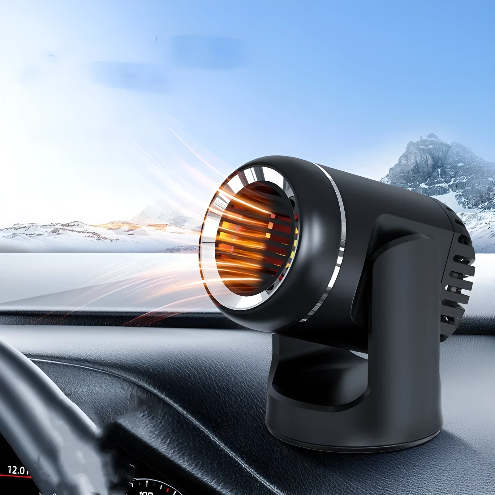 Black and white 12V car heater and defroster with hot cold warm settings for vehicle use